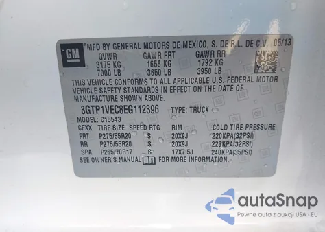 2014 GMC Sierra 1500 Slt z USA, uszkodzony, nr VIN 3GTP1VEC8EG112396